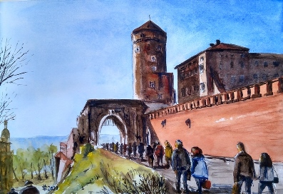 Město, Krakow, Kraków, Wawel, akvarel, waterpainting